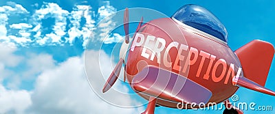 Perception helps achieve a goal - pictured as word Perception in clouds, to symbolize that Perception can help achieving goal in Cartoon Illustration