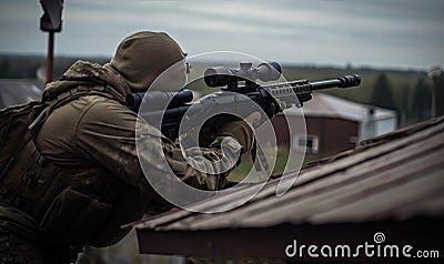 The sniper alone on the roof adjusted his scope Creating using generative AI tools Stock Photo