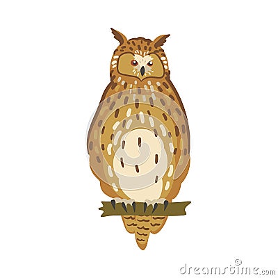 Perching Owl Bird with Broad Head and Sharp Talons Having Upright Stance Vector Illustration Vector Illustration