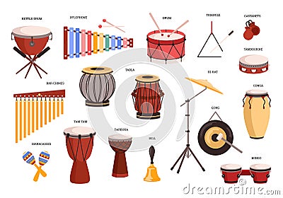 Percussion music instruments set, flat vector illustration isolated on white background. Vector Illustration