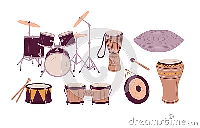 Percussion rhythm music instruments set of different types. Drum kit with cymbals, gong and stick, African bongo, wooden Vector Illustration