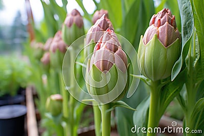 perennial peony buds just before they burst open Stock Photo