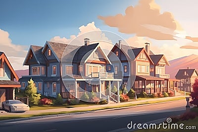 Perfect american neighbourhood. Houses in suburban area at summer day, neural network generated image Stock Photo