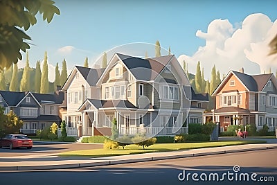 Perfect american neighbourhood. Houses in suburban area at summer day, neural network generated image Stock Photo