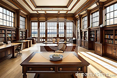 Perfect background, any educationrelated project, this image showcases a table stacked high with books in a library setting. Gener Stock Photo