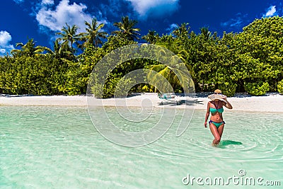 Close up portrait of beautiful young woman enjoying the sun at beach. Summer travel concept design. Summer beach vacation holiday Stock Photo