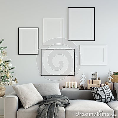 Mock up posters in living room Christmas interior. Interior scandinavian style. 3d rendering, 3d illustration Stock Photo