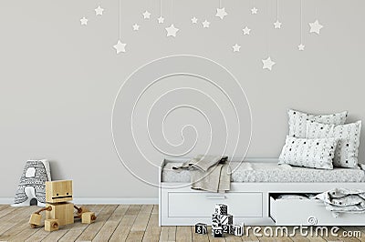 Mock up wall in child room interior. Interior scandinavian style. 3d rendering, 3d illustration Stock Photo