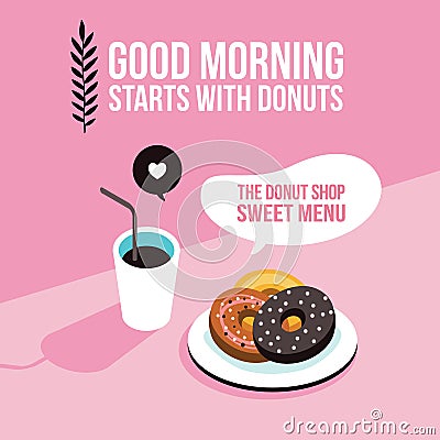 Perfect breakfast Donuts Coffee background Modern flat isometric design style Cartoon Illustration