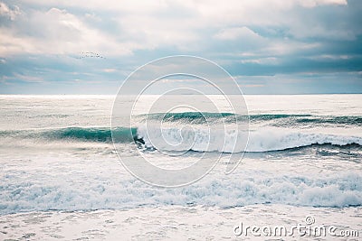 Perfect breaking barrel wave and surfer Stock Photo