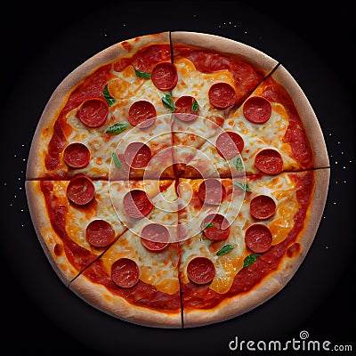 Perfect cheesy round cut sliced pizza slices on black background fast food Stock Photo