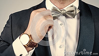 Perfect choice for elegant look. Male hand fix silver bow tie. Fashion accessory. Wedding and prom party. Holiday Stock Photo