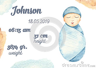 Watercolor metric card with cute newborn baby boy blue Stock Photo