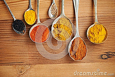 The perfect curry combination. spoons filled with a variety of spices. Stock Photo