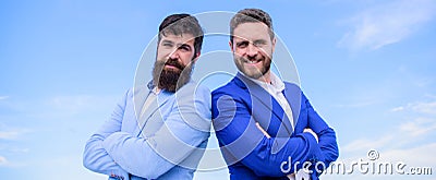 Perfect in every detail. Business people concept. Bearded business people posing confidently. Business men stand blue Stock Photo