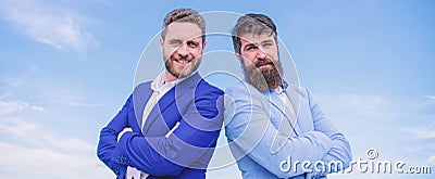 Perfect in every detail. Business people concept. Bearded business people posing confidently. Business men stand blue Stock Photo