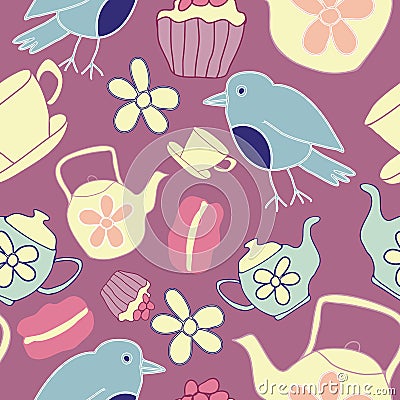 Vector Dark Pink Garden Tea Party Seamless Pattern Background. Stock Photo