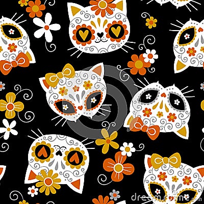 Hand drawn seamless pattern with cute sugar cat skulls and flowers. Stock Photo