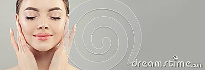 Perfect female face. Beautiful model with clear skin closeup portrait on banner background Stock Photo