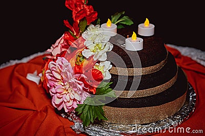 Outdoor Wedding Cake Floral Decoration Stock Photo