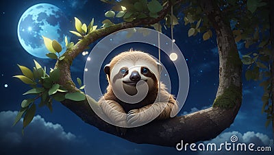 Perfect full-length image of a small cute two-toed sloth, with huge blue eyes, hanging on an tree Stock Photo