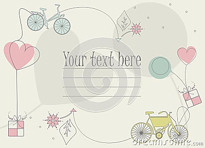 Perfect greeting card with bikes shillouettes, balloons, hearts Vector Illustration