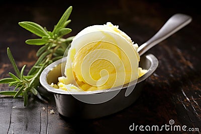 a perfect lemon sorbet in a rustic metal scoop Stock Photo