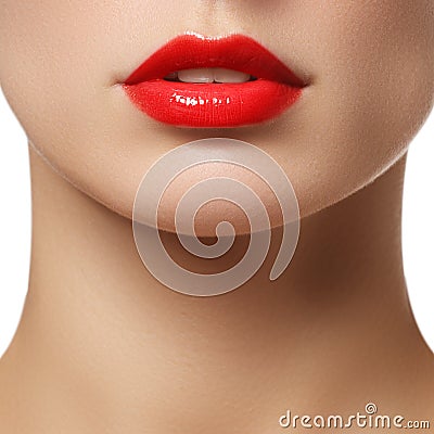 Perfect Lips. girl mouth close up. Beauty young woman smile. Natural plump full Lip. Lips augmentation. Close up detail Stock Photo