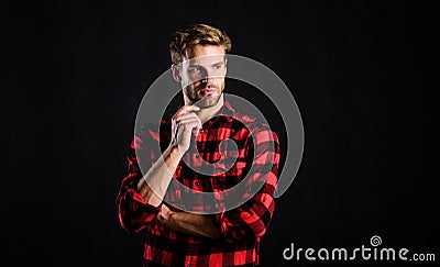 Perfect look. retro male fashion. Vintage style man. man checkered shirt. western. man black background. handsome man Stock Photo