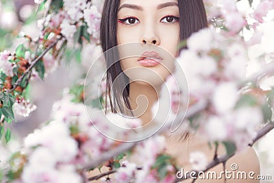 Portrait of a beautiful asian girl outdoors against spring blossom tree. Stock Photo