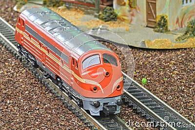 Perfect model of the diesel locomotive. Train hobby model on the model railway Editorial Stock Photo