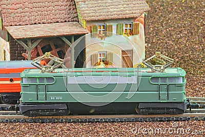 Perfect model of the electric locomotive. Train hobby model on the model railway. Close-up Editorial Stock Photo