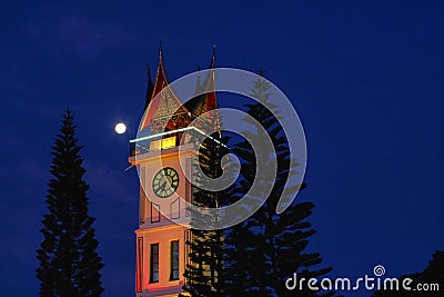 Perfect Moon at Bukittinggi Big Ben Tower Stock Photo