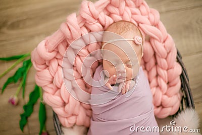 Perfect newborn baby girl in pink blanket in a wicker basket decorated with beautiful pink tulips Stock Photo