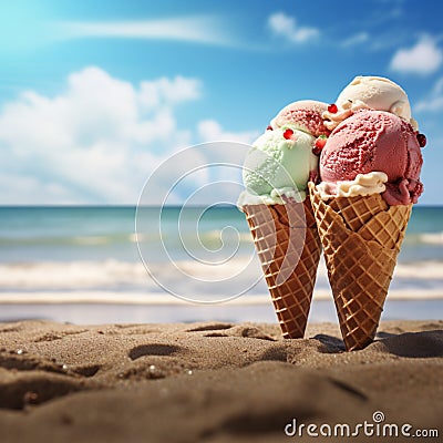The perfect pair Ice cream cones and sandy beach shores Stock Photo