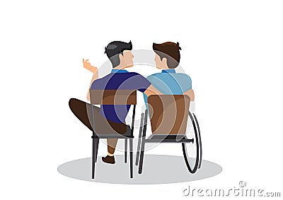 perfect physical friend With a disabled friend in a wheelchair, spend quality time together in the park. Talk and laugh together Vector Illustration