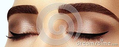 Perfect shape of eyebrows, brown eyeshadows and long eyelashes. Closeup macro shot of fashion smoky eyes visage Stock Photo