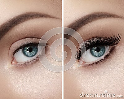 Perfect shape of eyebrows and extremly long eyelashes. Macro shot of fashion eyes visage. Before and after Stock Photo