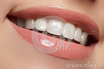 Perfect smile. Beautiful natural full lips and white teeth. Teeth whitening. Stock Photo