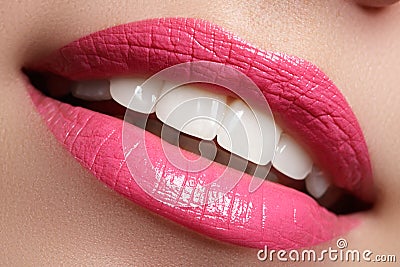 Perfect smile after bleaching. Dental care and whitening teeth. Woman smile with great teeth. Close-up of smile with white healthy Stock Photo