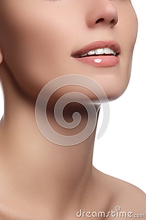 Perfect smile with white healthy teeth and natural full lips, dental care concept. Beautiful young woman's face fragment Stock Photo