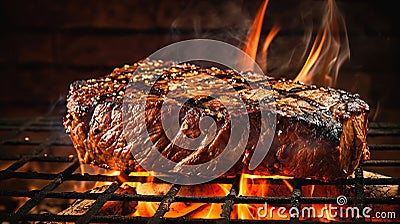 The Perfect Steak: Closeup, Grill, Flames, Profile, Gentle Smoke Stock Photo