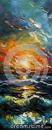 The Perfect Storm: A cloudy sunset over the stormy ocean waves, with bright colors and a used, digital, expressive oil standing in Stock Photo