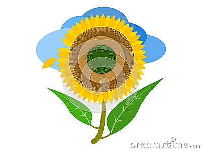 The almost perfect sunflower on the blue cloud background Vector Illustration