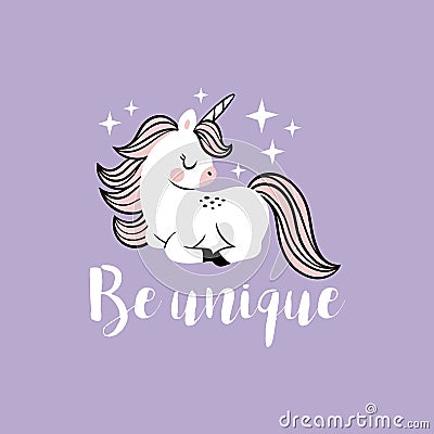 Cute vector baby unicorn with stars and text. Stock Photo