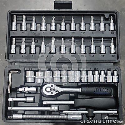 Perfect tool kit. chrome plating socket wrench or spanner in compact case. pro set of tools. Torx tool Socket Drive. Stock Photo