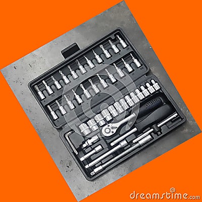 Perfect tool kit. chrome plating socket wrench or spanner in compact case. pro set of tools. Torx tool Socket Drive. Stock Photo