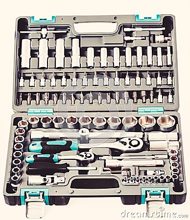 Perfect tool kit. chrome plating socket wrench or spanner in compact case. pro set of tools. Torx tool Socket Drive Stock Photo
