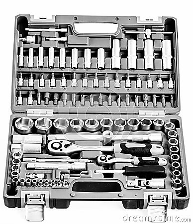 Perfect tool kit. chrome plating socket wrench or spanner in compact case. pro set of tools. Torx tool Socket Drive Stock Photo