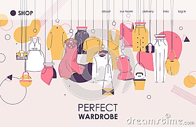 Perfect wardrobe vector banner template. Outline drawing style, women casual and formal clothes and bags on hangers. Pink and Stock Photo